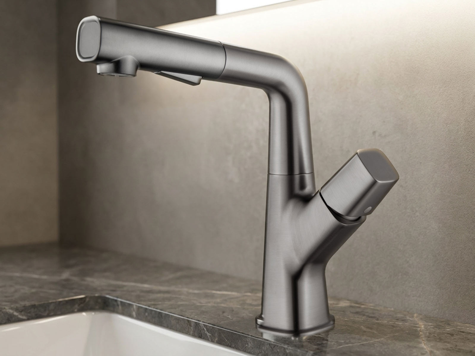 Multi-Finish Pull-Out Lift Basin Faucet with Upward Rinse Spray