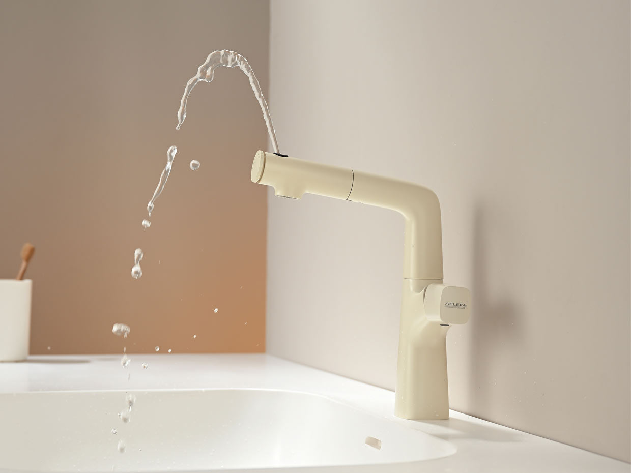 Multi-Finish Pull-Out Lift Basin Faucet with Upward Rinse Spray
