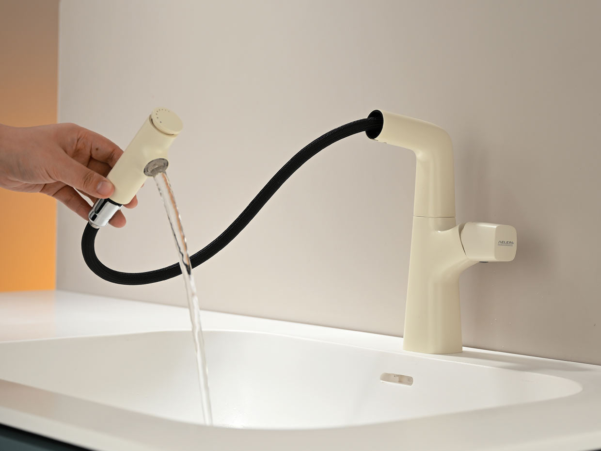 Multi-Finish Pull-Out Lift Basin Faucet with Upward Rinse Spray