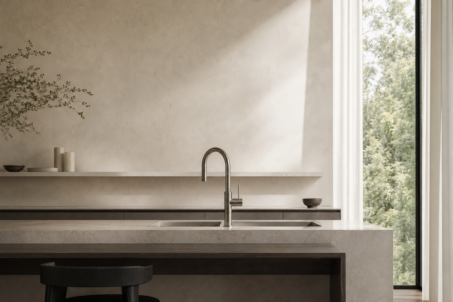 AELEIN chrome faucet in a refined modern kitchen