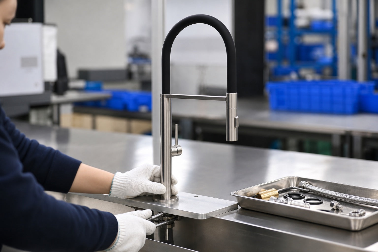 Worker checking the installed base and control of an AELEIN LC7 faucet