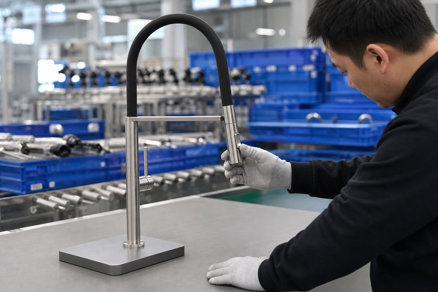 Worker checking magnetic spray head docking on an AELEIN LC7 faucet