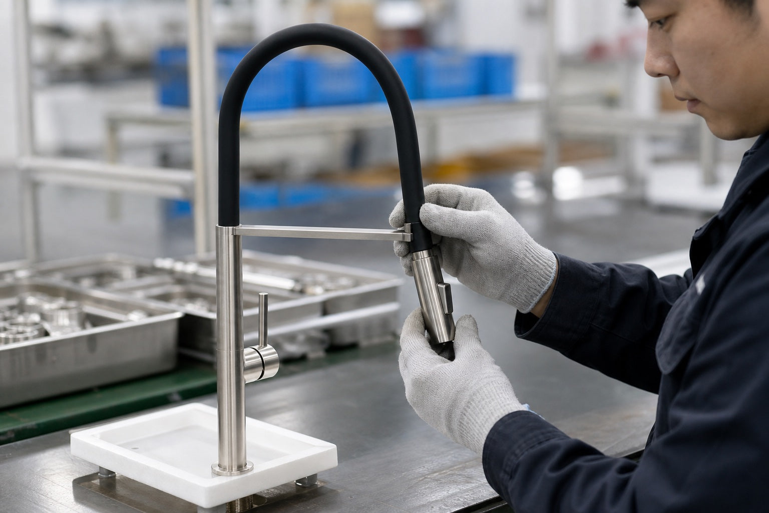 Worker fitting the pull-down spray head on an AELEIN LC7 faucet