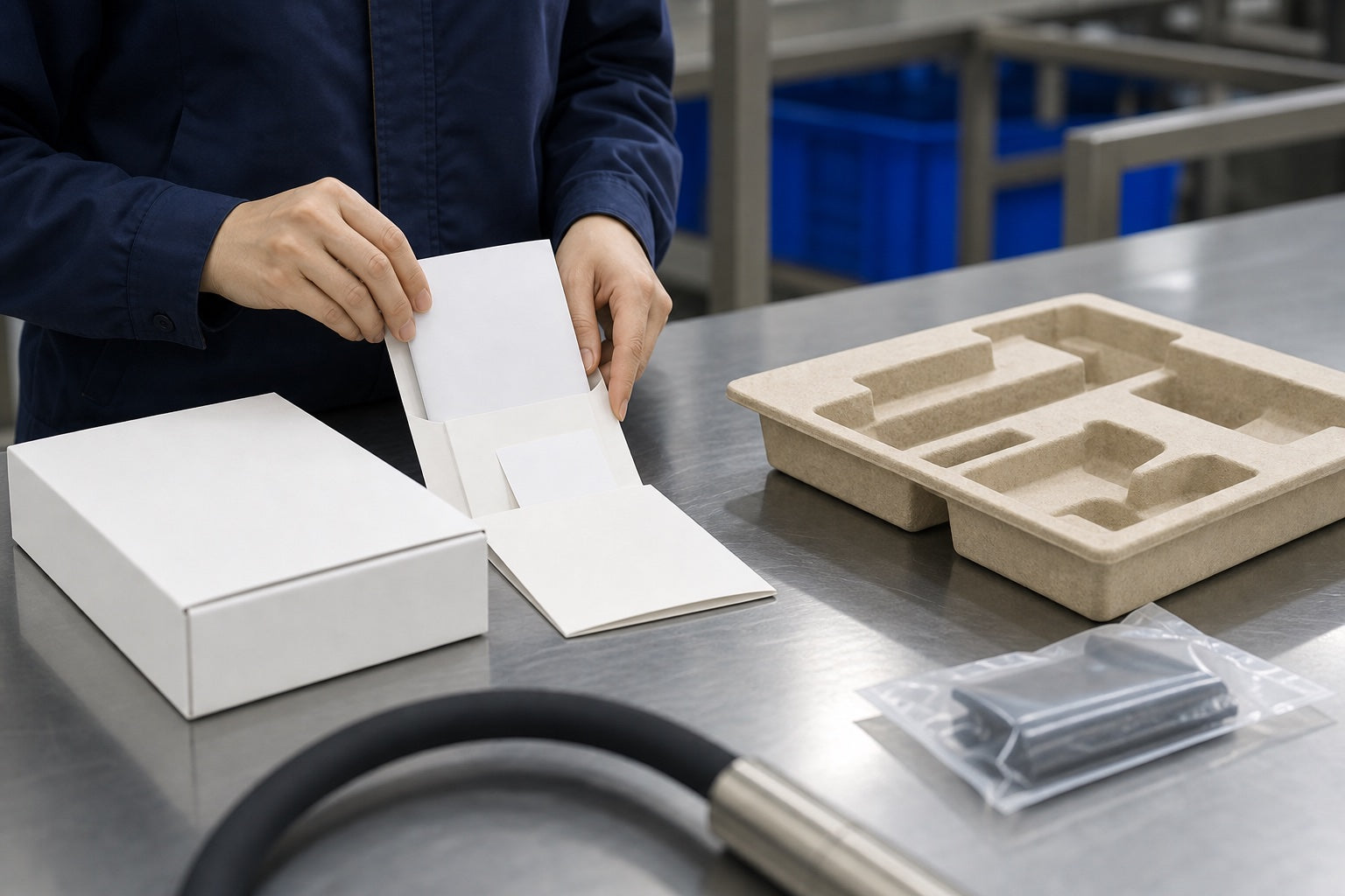 Blank manual care card and packing preparation at a workbench