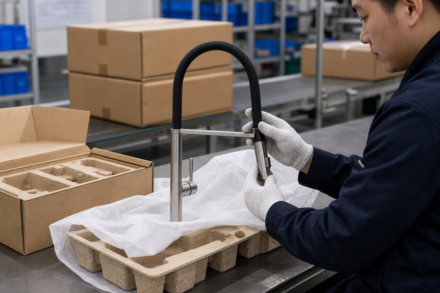 Worker preparing an LC7 faucet at a clean packaging station