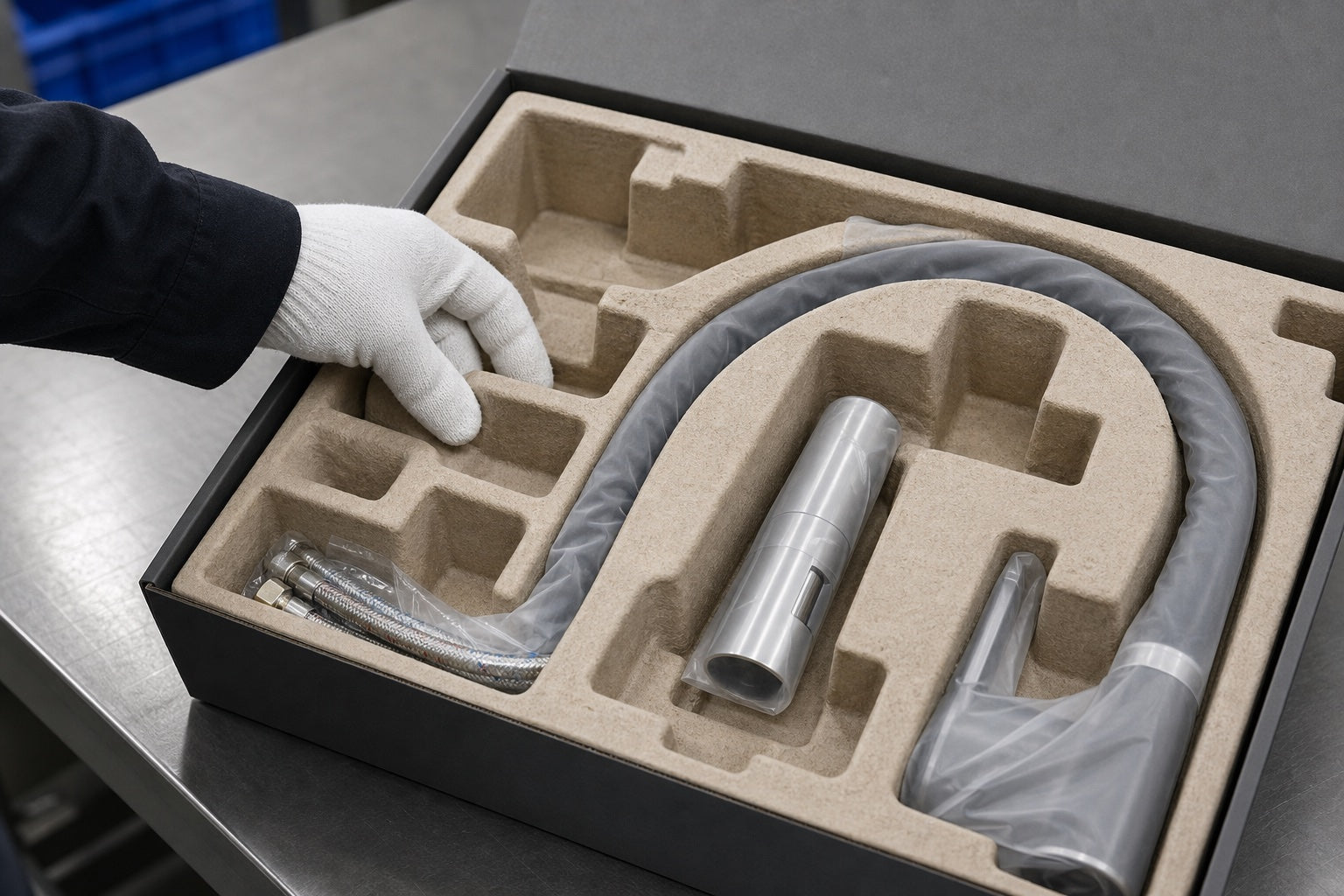 Molded pulp protective insert and wrapped faucet components