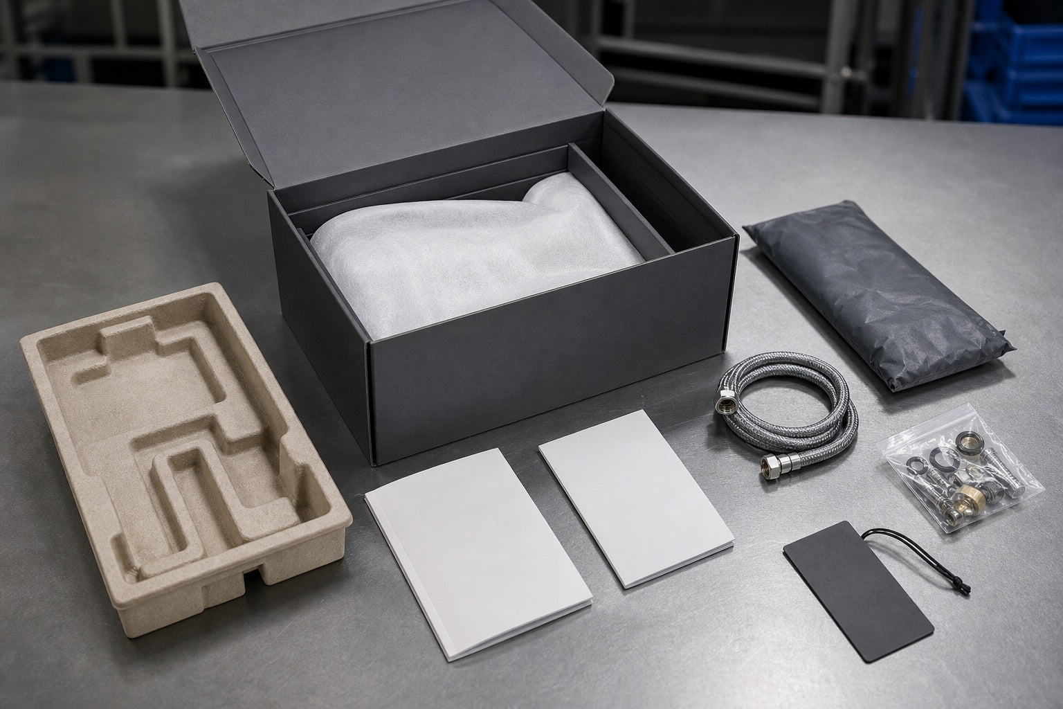 Product packaging presentation with protective sleeve accessories and blank documents